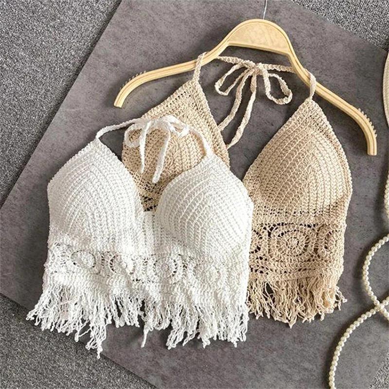 Áo Ba Lỗ Tua Rua, Áo Ba Lỗ Cropped Cotton khoét Áo Ngực Dệt Kim Thêu, Thích Hợp Cho Đồ Đi Biển, Yoga, Thời Trang Nữ, Phong Cách Boho, Trang Phục Thường Ngày Thích Hợp Cho Mùa Hè 1