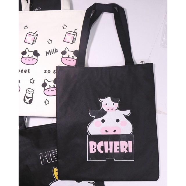 Túi tote Pilu vải thô hoạ tiết bò sữa đeo vai có khoá miệng phong cách Hàn Quốc cho nữ - Bag 3