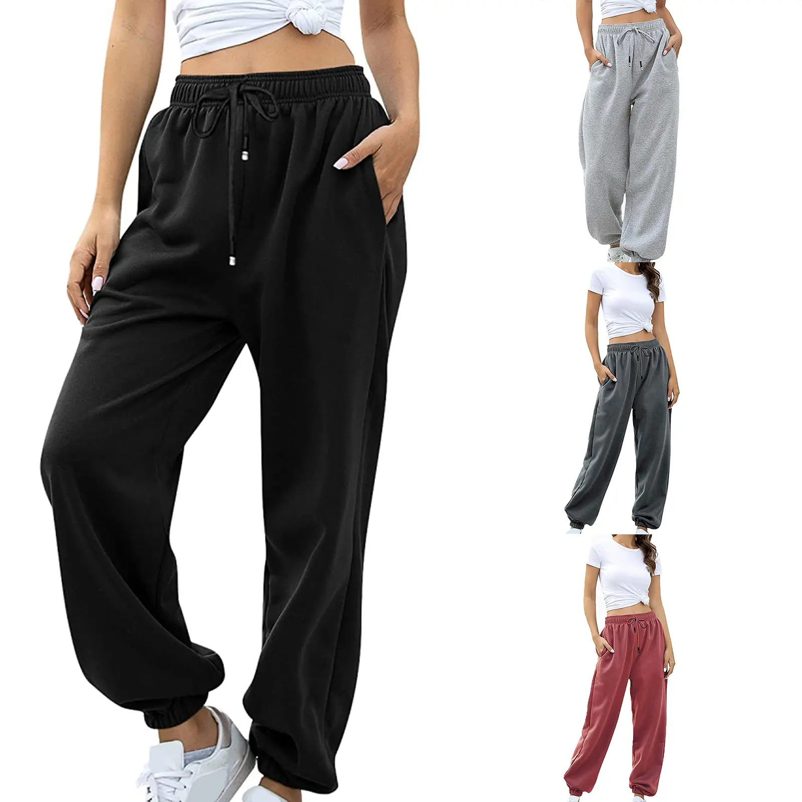 Women Autumn Casual Pants, Solid Color Drawstring Elastic-Waist Long Trousers with Pockets for Girls, 4 Colors