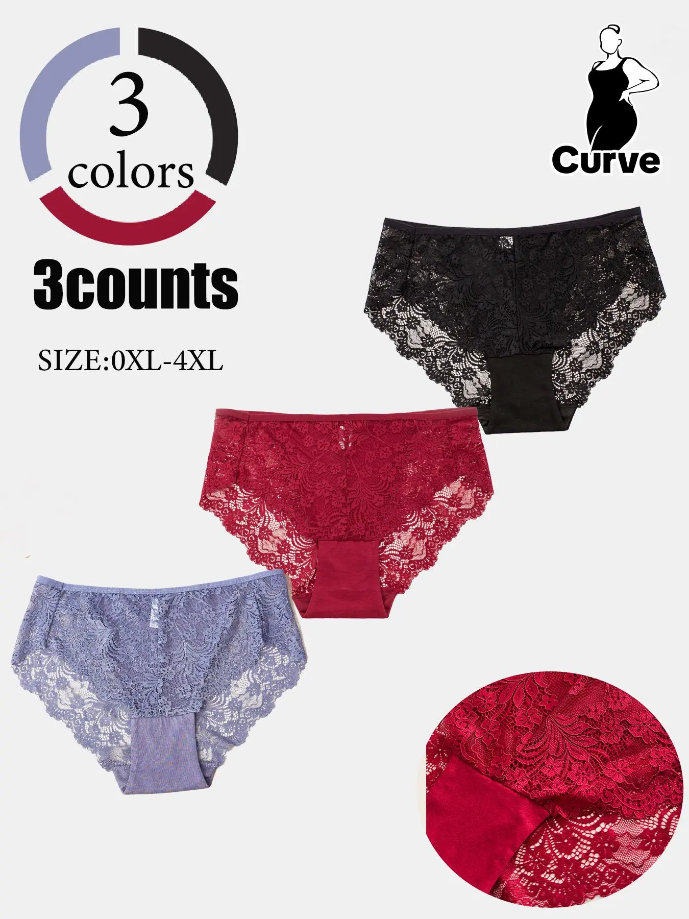 Plus Size 3pcs Floral Lace High Waist Knicker, Soft Comfy Breathable Panty For Daily Wear, Women's Underwear Bottoms For All Seasons