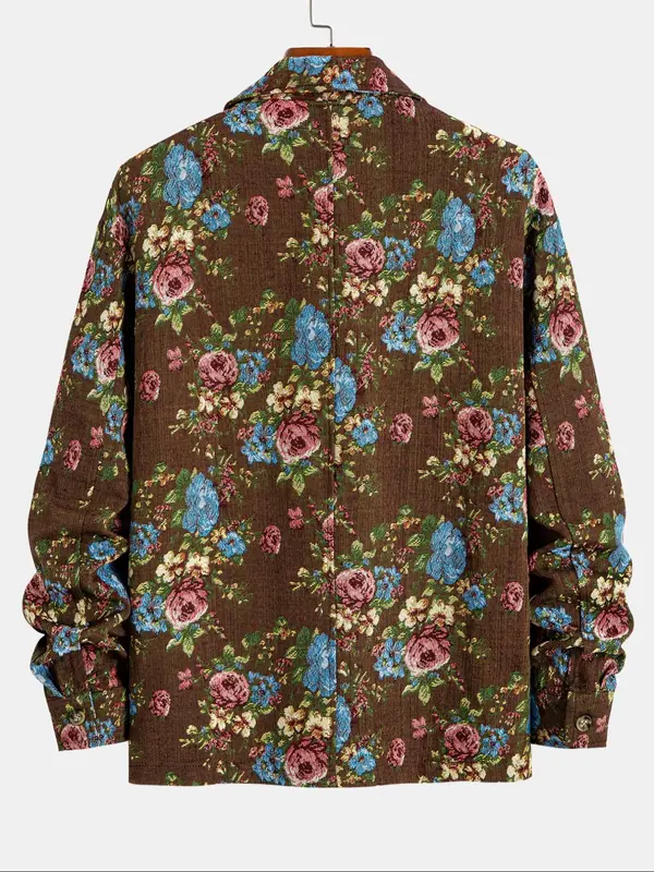 Men's Floral Print Button Zipper Jacket, Loose Casual Long Sleeve Collared Outerwear for Fall & Winter, Men's Clothes for Daily Wear 8