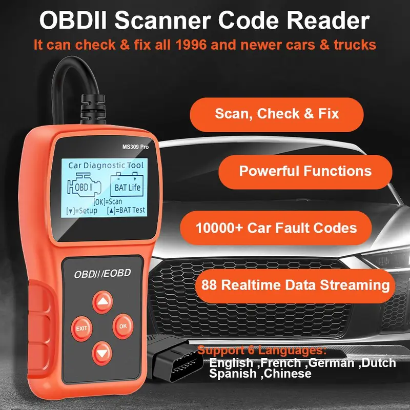 OBD2 Scanner, Car Diagnostic Tool, OBD2 Scanner Live Data Code Reader, Check Engine System Multi-language Battery Tester 3