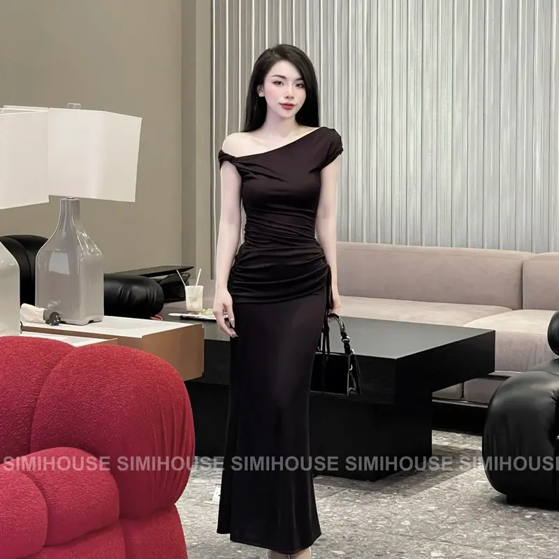 (SIMI HOUSE) VÁY BODY XOẮN VAI NHÚN CỘT EO / Đầm body  Thun đi tiệc xoắn vai nhíu eo  Women Dress 6