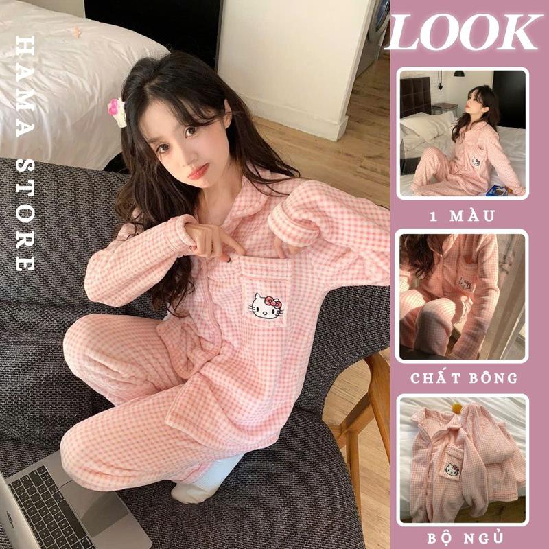 Đồ Bộ Ngủ Nữ Nỉ Bông Dài Tay Họa Tiết Hellokitty Kẻ Caro Cute Phong Cách Trung Quốc -BNB13