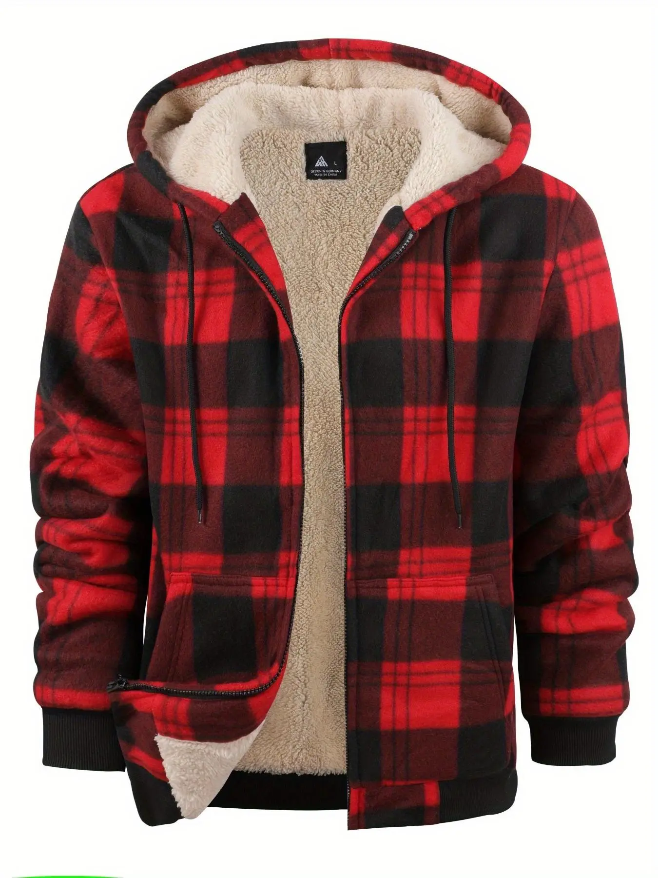 Men's Plaid Print Zip Up Drawstring Hooded Jacket, Regular Fit Casual Thermal Lined Long Sleeve Pocket Outerwear for Fall & Winter, Men's Clothes for Daily Wear