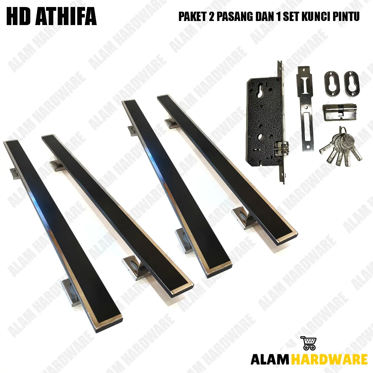 Paket 2 Pasang Handle Pintu Type Athifa Panjang 35 Cm, 45 Dan 60 Cm Dan 1 Body Kunci Gagang Pintu Rumah Tarikan Pintu ALAM HARDWARE