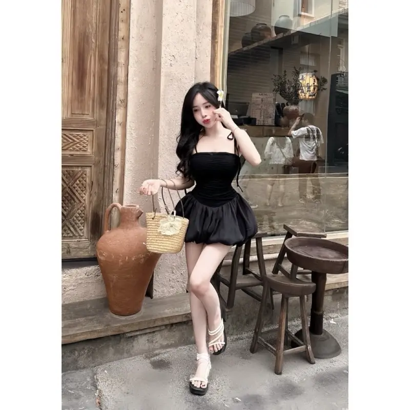Đầm ren có mút ngực hai dây buộc phối bí von tơ ánh kim hai lớp Nữ Sen Voi ôm người dễ mặc nè các nàng 5