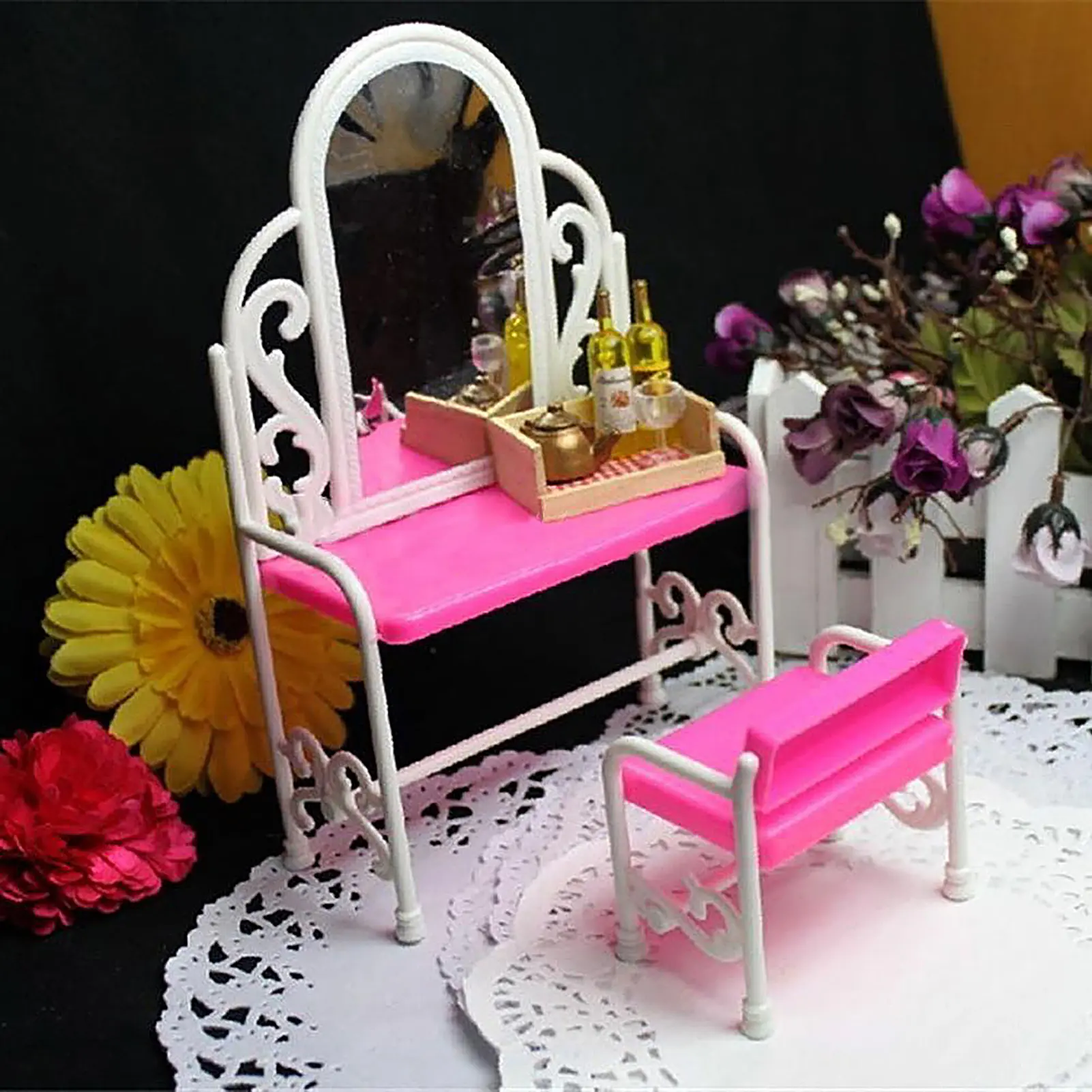 โต๊ะเครื่องแป้งมินิบ้านตุ๊กตา 1 ชุด สีสันสดใส ใช้งานง่าย เฟอร์นิเจอร์บ้านตุ๊กตาสมัยใหม่ โต๊ะเครื่องแป้งสำหรับเล่น
