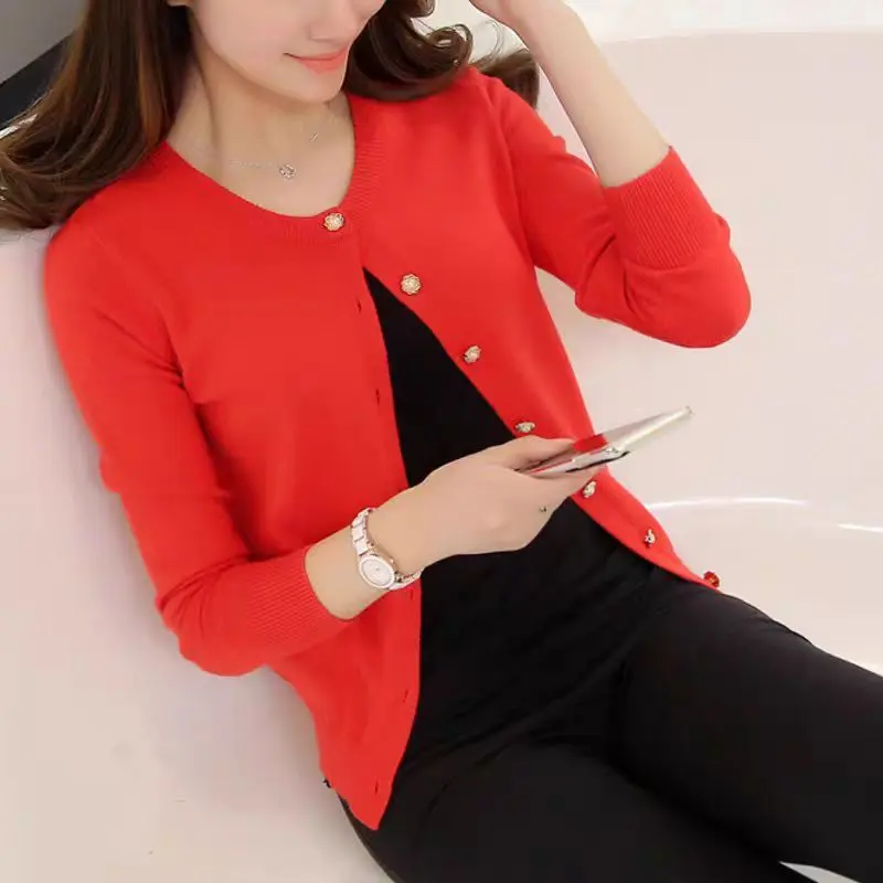 Áo Cardigan Dệt Kim, Khóa Ngọc Trai, Dành Cho Nữ, Cỡ Nhỏ Có Thể Mặc Ngoài Trời, Chất Liệu Len, Dài Ngắn, Thích Hợp Cho Mùa Xuân Và Mùa Thu, Màu Trơn Áo Khoác Len 2