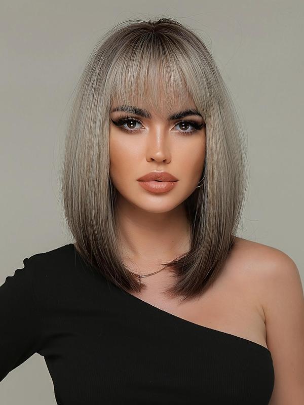 14 Inch Ombre Color Short Bob Wigs for Women, Gorgeous Fluffy Wigs with Bangs, Synthetic Straight Shoulder Length Wigs for Party, Daily Use 0