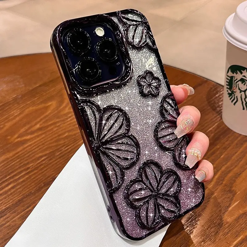 High quality electroplated three-dimensional flower phone case for iPhone 16 11 12 13 14  15 Pro Max  16 plus Anti drop lens protection soft casing phone protective case 3
