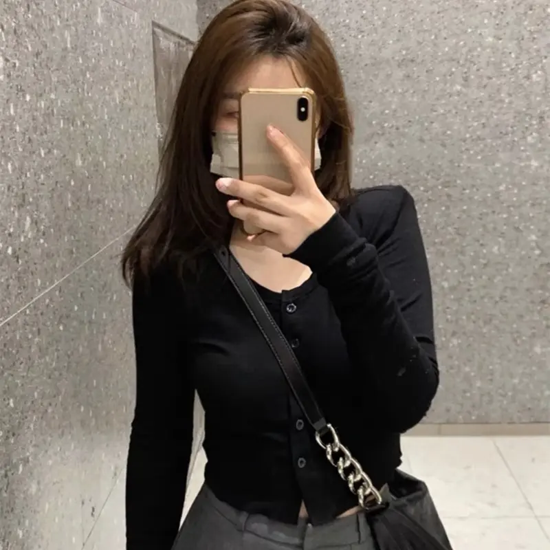 Áo Croptop Dài Tay Cúc Giữa Cực Xinh Phong Cách Hàn Quốc Mới Nhất B2 Sơ Mi Nữ Nhung Voi Thun 5