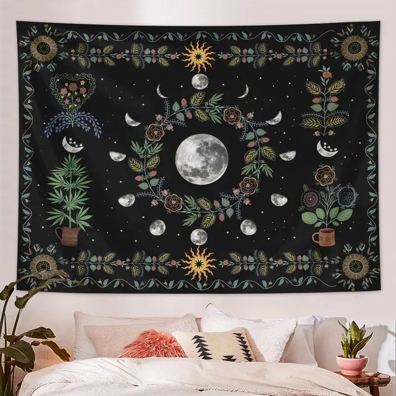 Moon & Plant Pattern Tapestry, Bohemian Style Tapestry, Wall Hanging Decor for Home Living Room Bedroom, Home Decor 5
