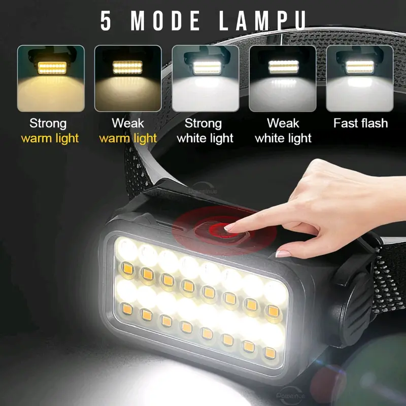 Headlamp Senter Kepala Cas Cahaya Putih Kuning 5 Mode Waterproof 2