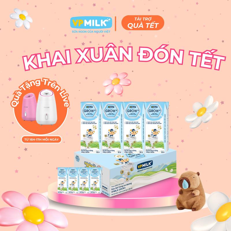 [Thùng 48 hộp 180ml] Sữa VPMIlk Grow+ có đường, hỗ trợ dinh dưỡng cân đối  MS1