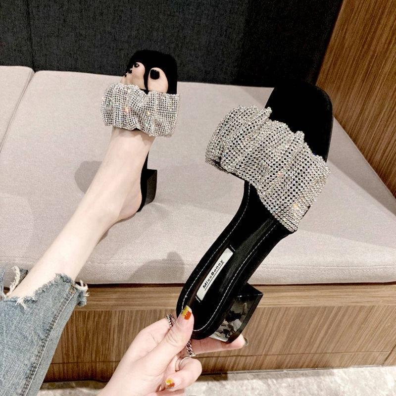 Guốc dép cao gót nữ quai NHÚN ĐÁ đế vuông 3 phân Medona, guốc đế thâp học sinh êm ái