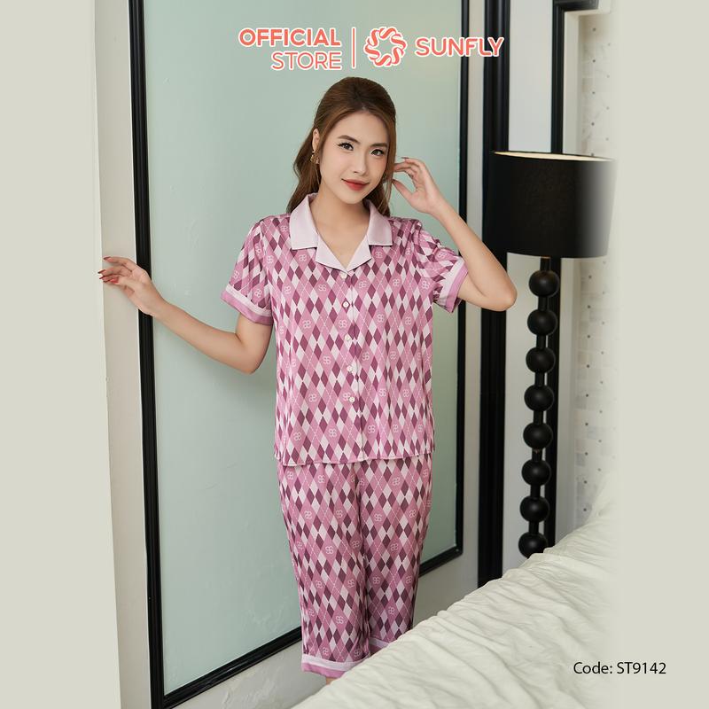 Bộ pijamas lụa satin SUNFLY áo cộc quần ngố ST9142 8