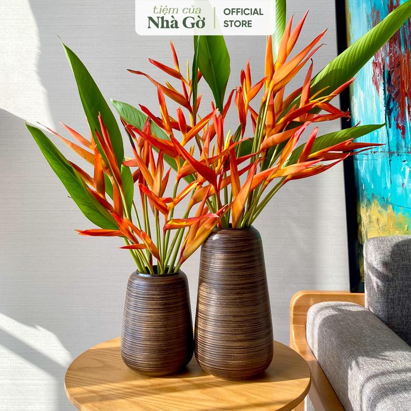 Bình Gốm Men Trơn Vân Ngang Nhà Gờ Cắm Hoa Trang Trí Nhà Decor Phòng Khách BH23 M10+Tặng Gói Dưỡng Hoa gốm bát tràng