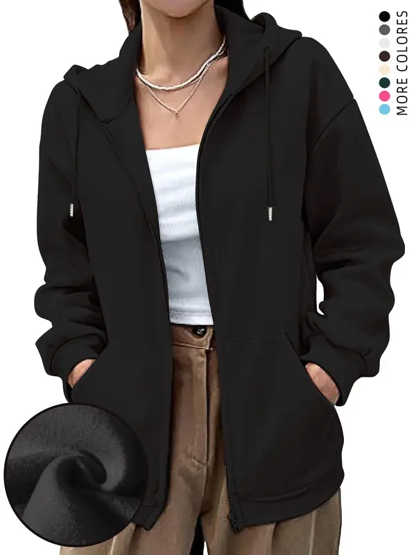 Women's Plain  Zip Up Drawstring Pocket Hoodie, Casual Long Sleeve Hooded Sweatshirt for Fall & Winter, Women's Clothes for Daily Wear 4