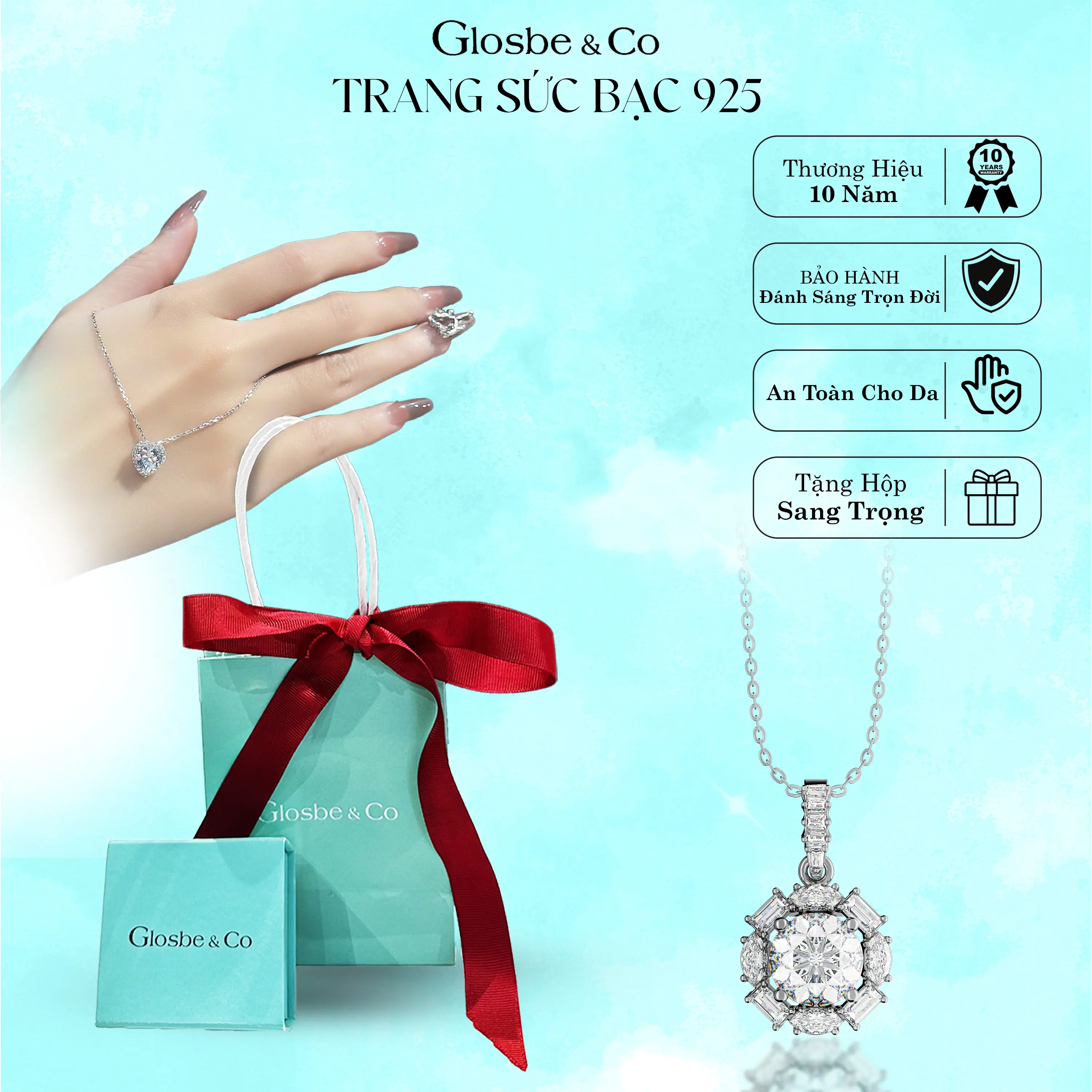 Dây Chuyền Glosbe Bạc Emeral  7mm, Dây chuyền + Hộp Quà Tặng, quà tặng nhân dịp Valentine, 8/3,...