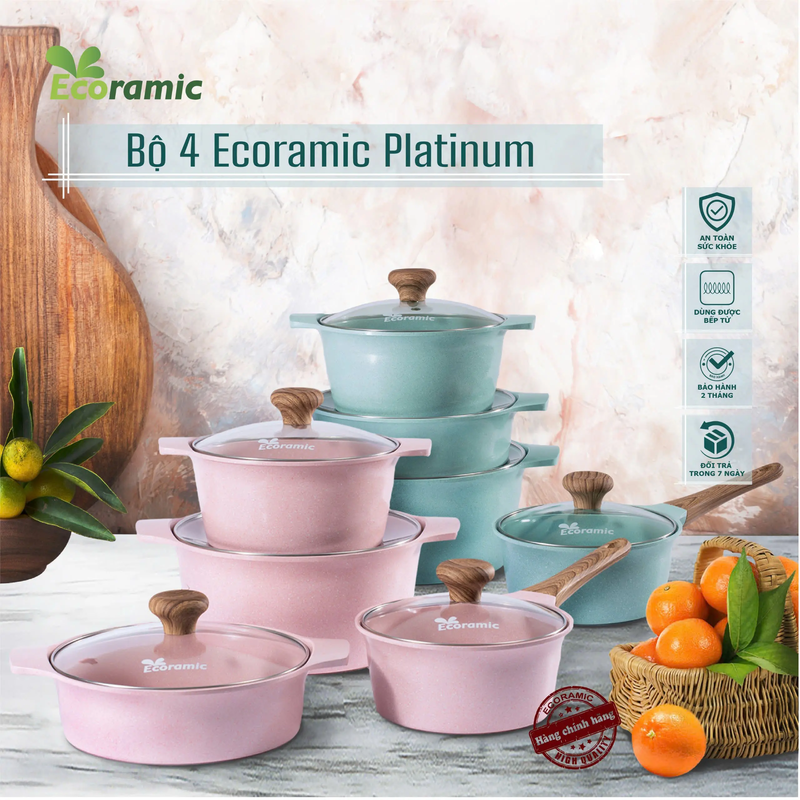 Bộ 4 Nồi Đáy Từ Ecoramic Platinum - Xanh Pastel/ Hồng Mint - Chống Dính Cao Cấp - Dùng Mọi Loại Bếp - Tặng Chảo Cùng Màu Size 20 + Đế Lót Gỗ + Cặp Nhấc Nồi