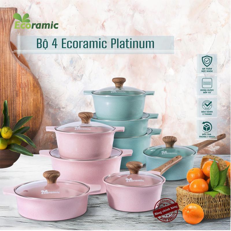 Bộ 4 Nồi Ecoramic Platinum Đáy Từ – Xanh Pastel/Hồng Mint – Chống Dính Ceramic Cao Cấp – Dùng Mọi Bếp – Tặng Chảo + Đế Gỗ + Cặp Nhấc Nồi