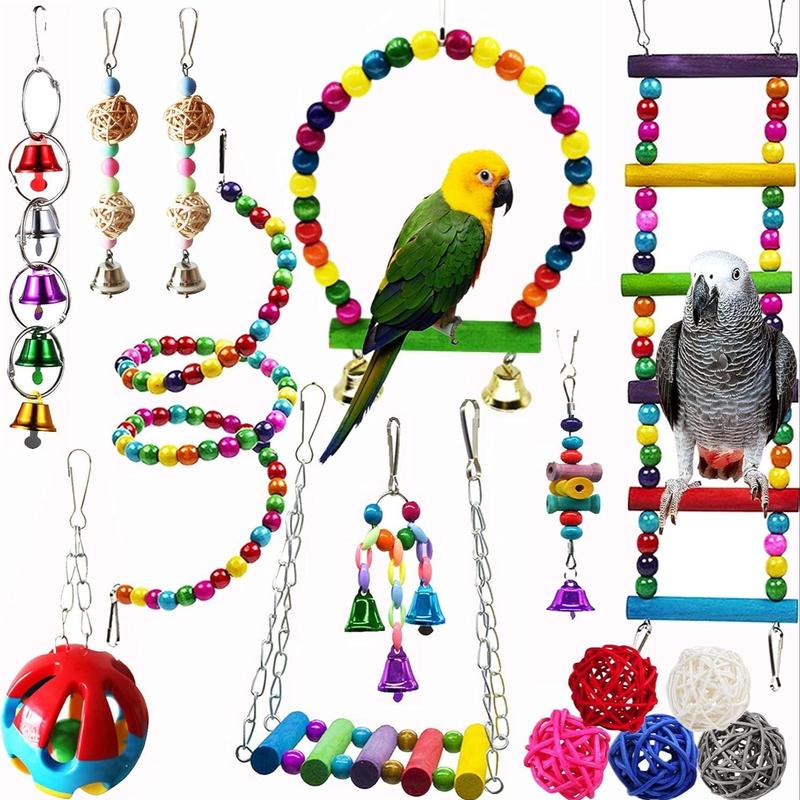 Bird Parrot Swing Chewing Toy Set, 15pcs/set Wooden Hanging Bell & Hammock Climbing Ladders, Colorful Pet Birds Cage Toys for Small Parakeet Cockatiel Conures Finches Budgie Macaws 0