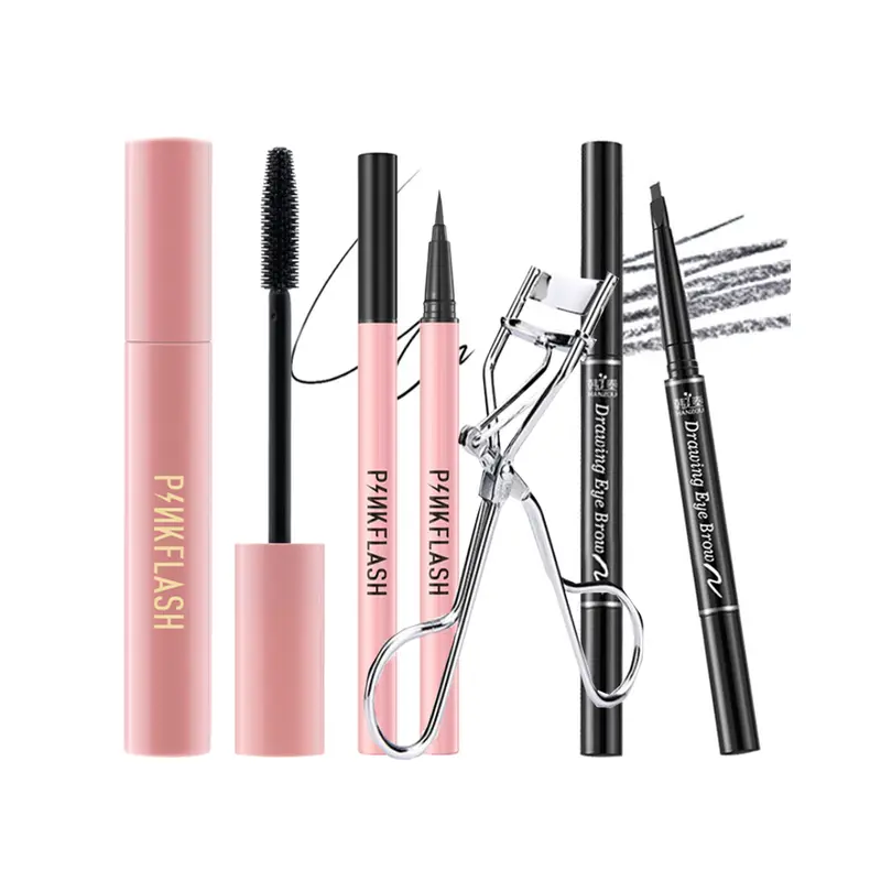 Bộ Trang Điểm Mắt, 4 Món, PINKFLASH, Mascara Không Thấm Nước, Bút Kẻ Mắt, Bút Chì Kẻ Lông Mày, Kẹp Mi 8
