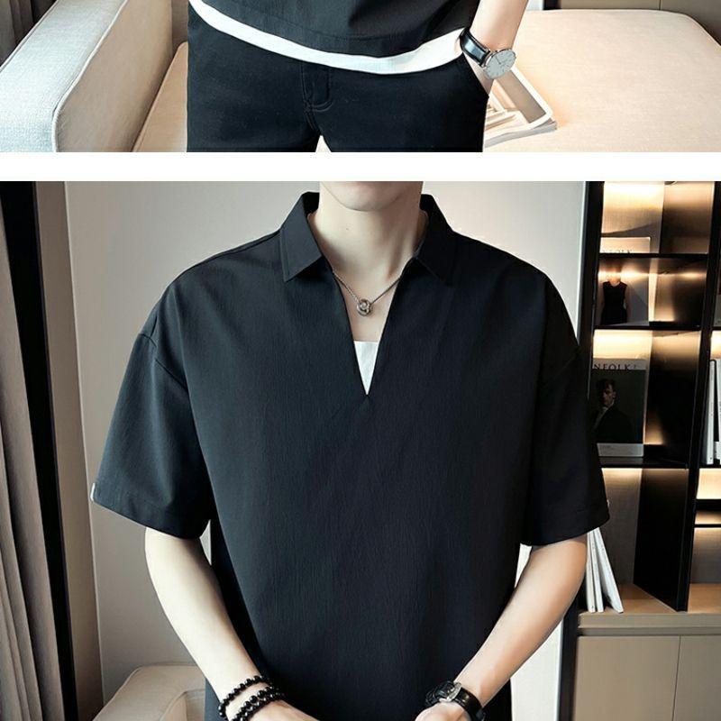 Product Introduction of 2025 Fake Two-Piece V-neck T-shirt Men's Ins Fashion Brand Short Sleeve Polo Shirt Ice Silk Half Sleeve 2023 New Summer Matching Suit 17
