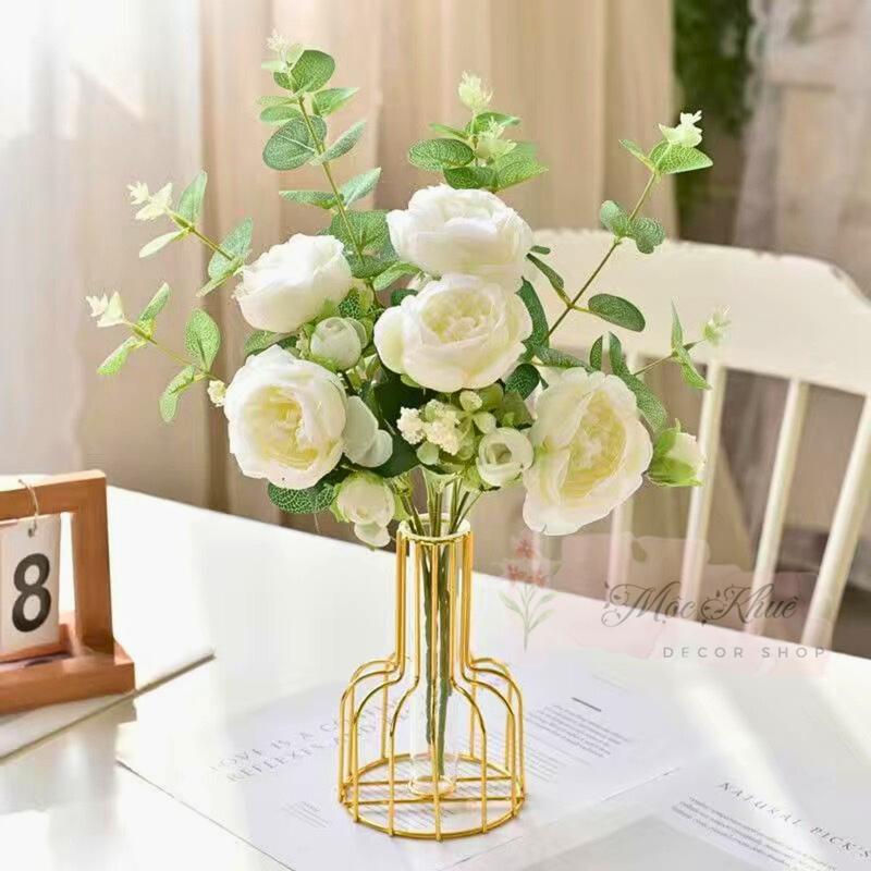 (Mộc Khuê Decor) - Bình hoa- Lọ Hoa Nghệ Thuật Phong Cách Bắc Âu- Khung Sắt Màu Vàng Đồng Lõi Thủy Tinh ( không kèm hoa) Decor bình hoa  nối liền cổ đại