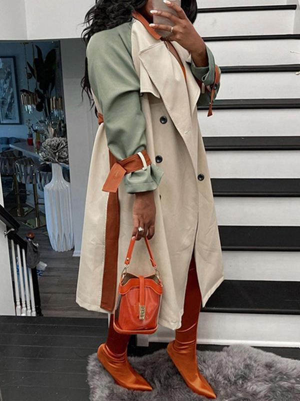 Women's Colorblock Double Button Belted Trench Coat, Basic Chic Lapel Neck Long Sleeve Outerwear For Work Office Business, Ladies Spring & Fall Clothes 3