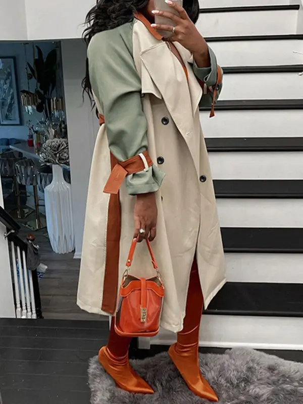 Women's Colorblock Double Button Belted Trench Coat, Basic Chic Lapel Neck Long Sleeve Outerwear For Work Office Business, Ladies Spring & Fall Clothes 3