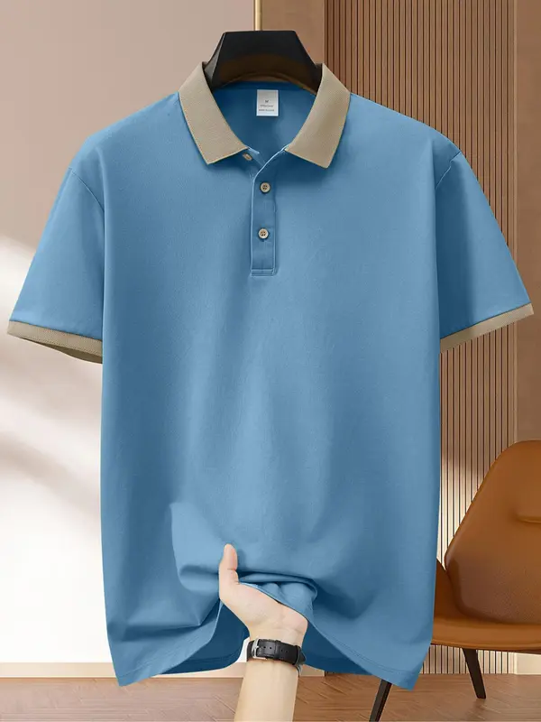 Men's Colorblock Short Sleeve Polo Shirt, Regular Fit Casual Contrast Trim Collared Top for Summer, Fashion Men's Clothes for Daily Wear 3