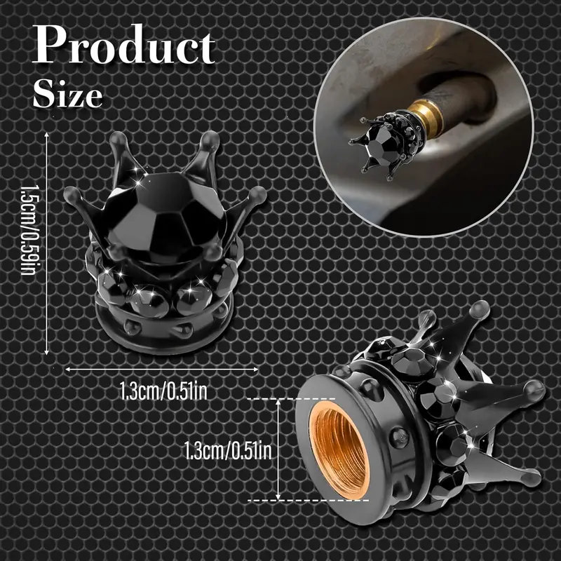 Tire Valve Stem Caps, 4 Pcs Lady Bling Tire Valve Stem Caps, Heavy-Duty Handmade Gril Crystal Rhinestone Crown Vehicle Car Tire Caps Covers for Women Cars Trucks Bikes (Black Rhinestone) 3