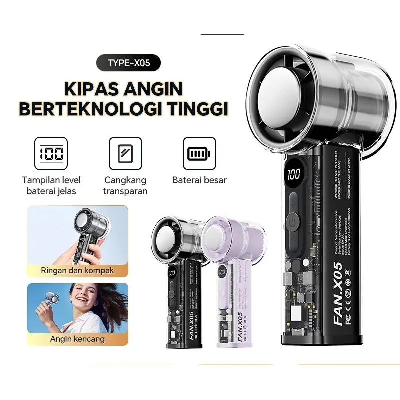 【somebodye】 Kipas Angin Transparan AC Cooling Fan Kipas Es Pendingin Portabel Mini dengan Baterai 5000mAh & Kecepatan Angin Maksimum 10m/detik untuk Outdoor & Waktu Charging 2 Jam