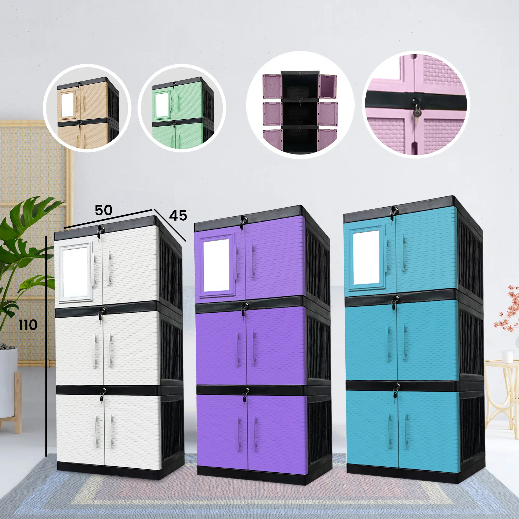 Lemari Plastik Susun 3 Kunci Cermin Mini Rotan Furniture