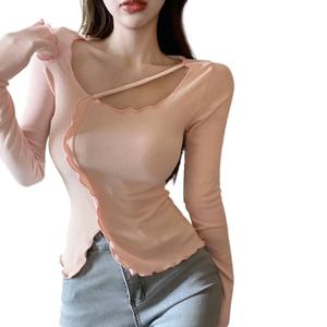 Pure Desire Tight-Fitting Ruffled Irregular Slit Top for Women Spring New Hot Girl Slim Fit Long Sleeve T-Shirt for Women