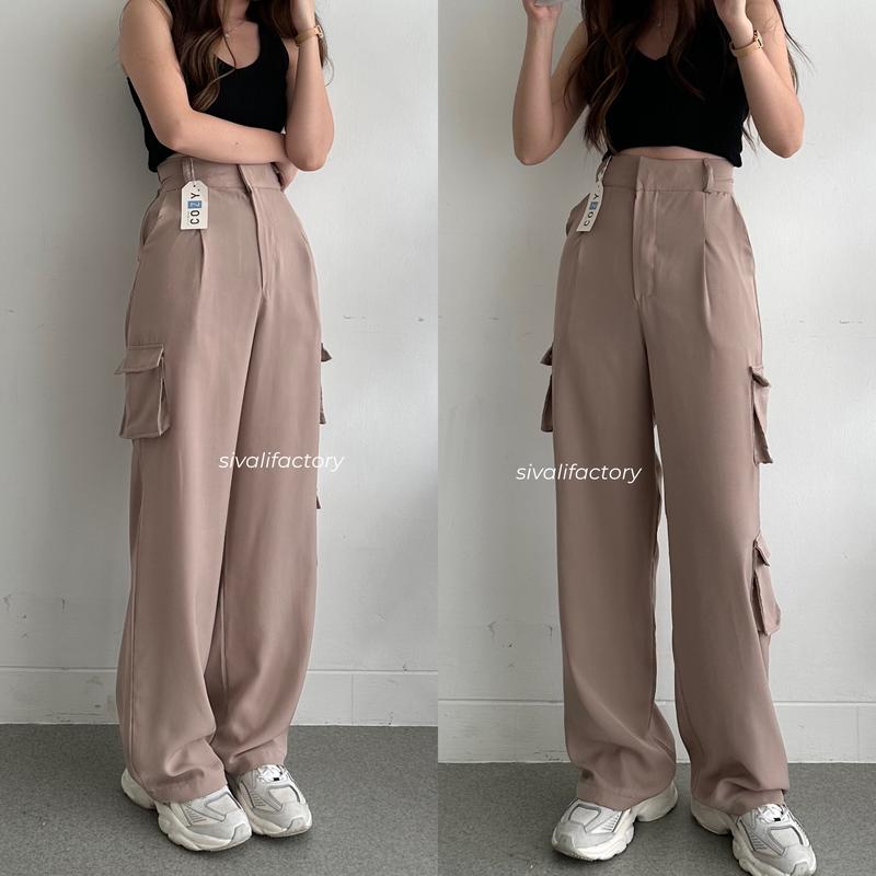 SIVALI Bonnie Cargo Pants - Highwaist Loose Cargo - Celana Kargo Wanita - Baggy Pants Panjang Polyester Kulot Casual Hitam Kantor Kantor Formal Kerja Kerja Kerja Basic Karet 4