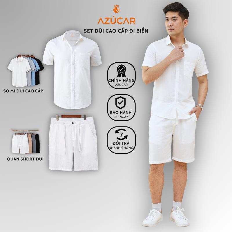 Bộ Đũi Cao Cấp AZÚCAR - Quần short đũi + Áo sơ mi đũi cổ bẻ, Siêu mát ngày hè, lịch sự, sang trọng và thoải mái tối đa Thông thường Màu đen Màu trắng Trơn Có thể giặt bằng máy Tay ngắn Menswear Nam Top Thun Hoodie Lưng Cao Pants