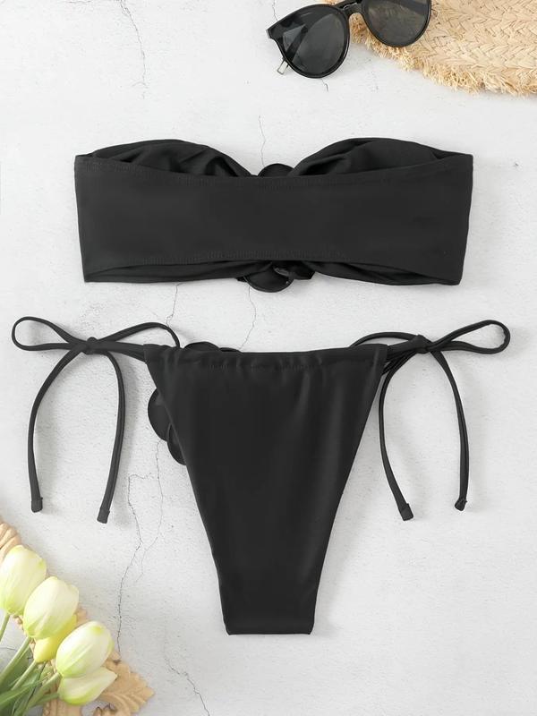 Two-Piece Set Women's Plain Appliques Knot Bandeau Bikini Set, Casual Strapless Swim Bra & Tie Side Swim Panty Set, Ladies Summer Swimwear for Beach Holiday Vacation 1