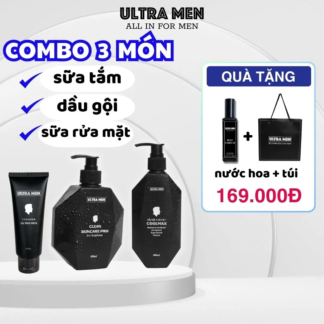 Combo Sữa tắm nam + dầu gội đầu nam + sữa rửa mặt , bộ quà tặng cao cấp Ultra Men