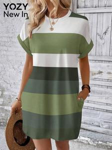 Yozy Women's Striped Print Batwing Sleeve Dress, Casual Short Sleeve Round Neck Dress for Summer, Ladies Clothes for Daily Wear, Womenswear