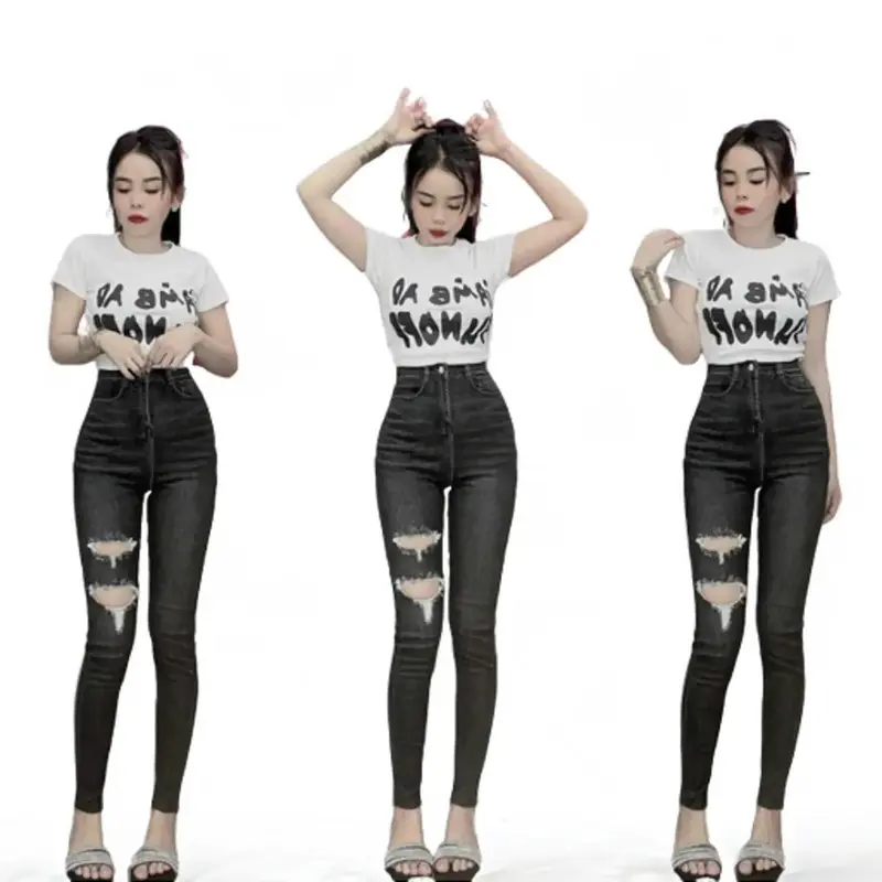 Quần jean màu khói rách 2 lỗ , co giãn bốn chiều, phong cách trẻ trung, cá tính, siêu hách dáng Pants Nữ Women 2