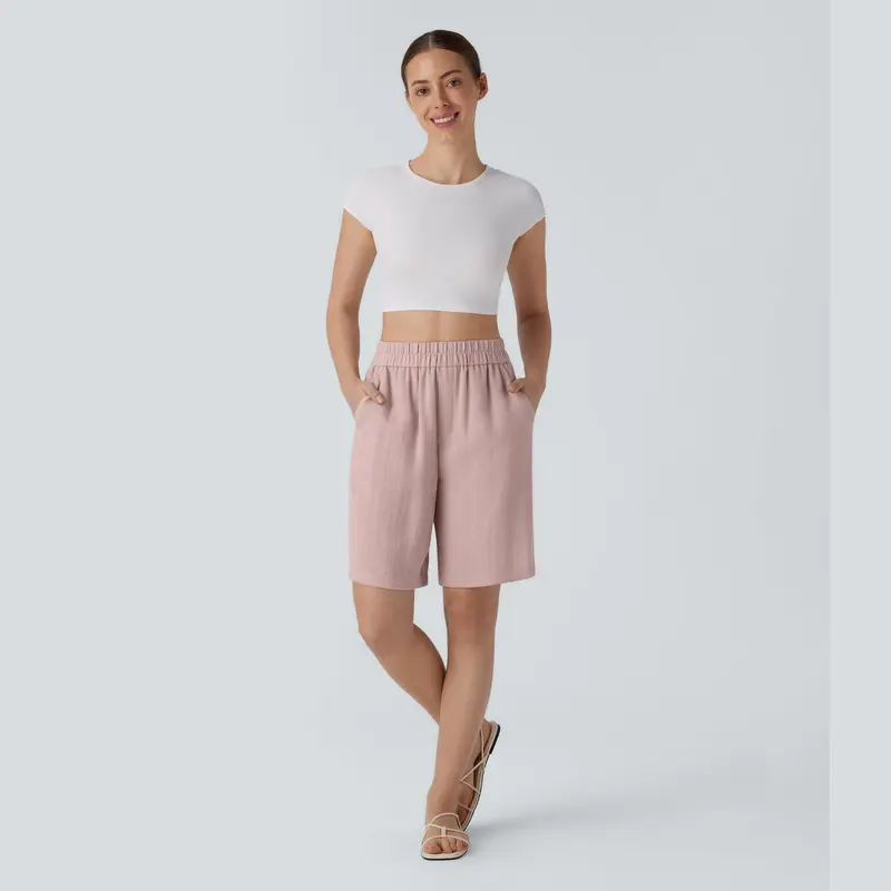 Halara High Waisted Side Pocket Casual Linen-Feel Bermuda Shorts 4