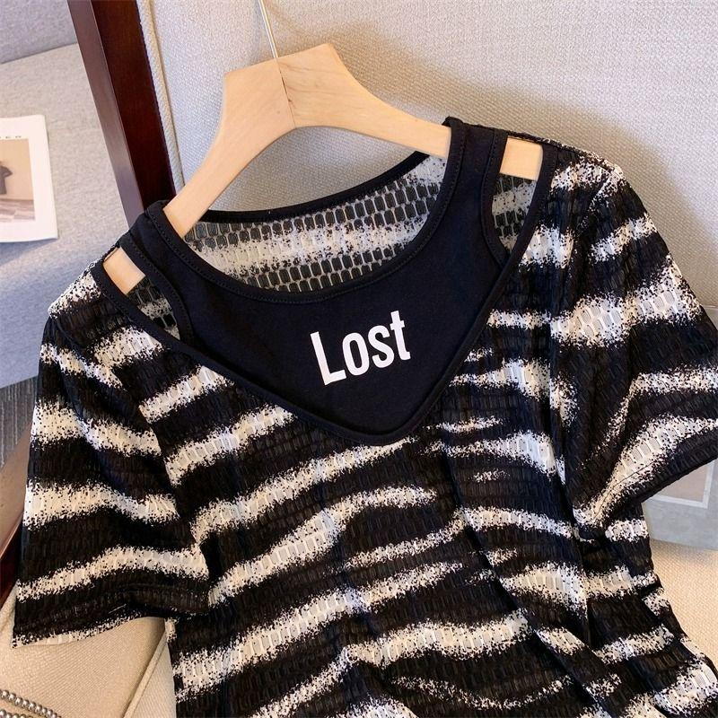 Áo Thun Giả Hai Lớp In Hình Ngựa Vằn Ngoại Cỡ Cho Nữ 150 00kg Áo ngắn Tay Lụa Lạnh Cho Cô Gái Đầy Đặn Mùa Hè Áo Trễ Vai Phong Cách Phương Tây Áo Nhỏ