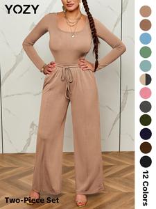 YOZY Women's Plain Ribbed Two-piece Set, Casual Square Neck Bodysuit & Drawstring Wide Leg Pants, Outfits for Ladies Outdoor Holiday, Valentine's Day Gift for Girl, Valentine's Day Outfit