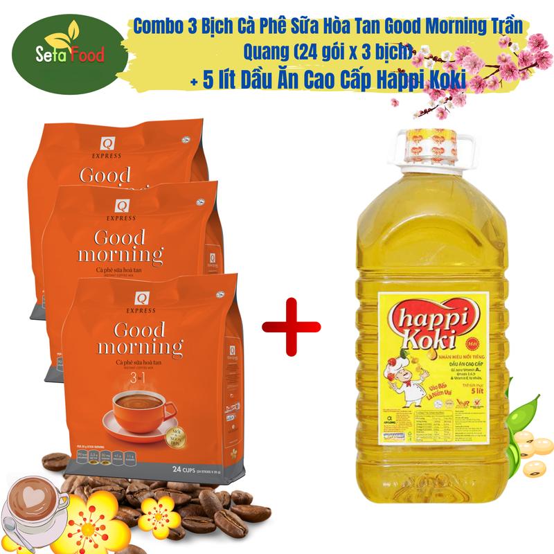 Combo cà phê sữa hoà tan Good Morning Trần Quang 24 gói x 3 bịch + Dầu ăn cao cấp Happi Koki 5 lít x 1 chai - Cafe, Coffee - Tết Socola Bột