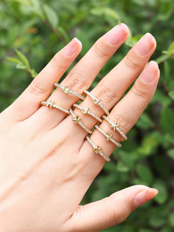 Rhinestone Decorated Elegant Simple Alphabet Ring, Jewelry Accessories Idea For Birthday, Copper Trendy Jewelry For Daily Use 3