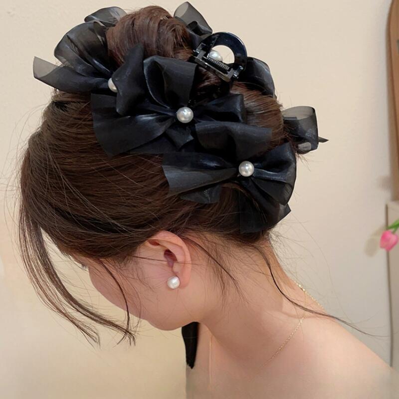 Korean Fashion Pearl Mesh Claw Girl Back of Head Hair Clip for Women Bow Hairpin 6