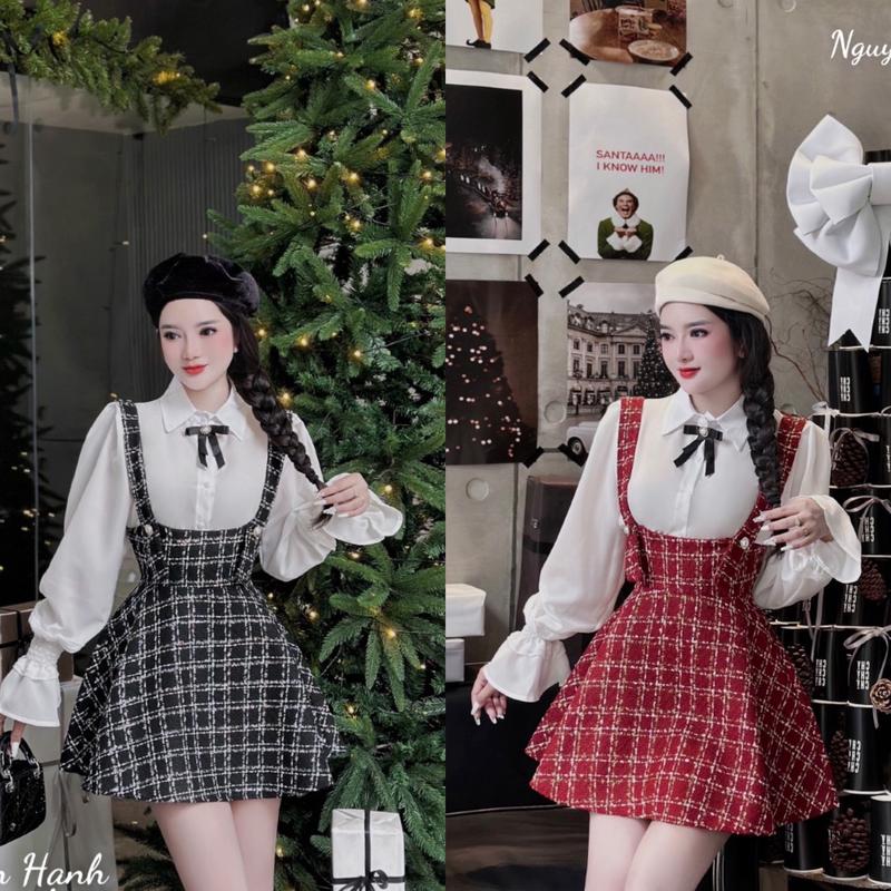 BIGSIZE HIẾU HIẾU (55-95KG) - Sét váy yếm dạ caro 2 dây kèm áo sơ mi trắng tay dài Nữ Top